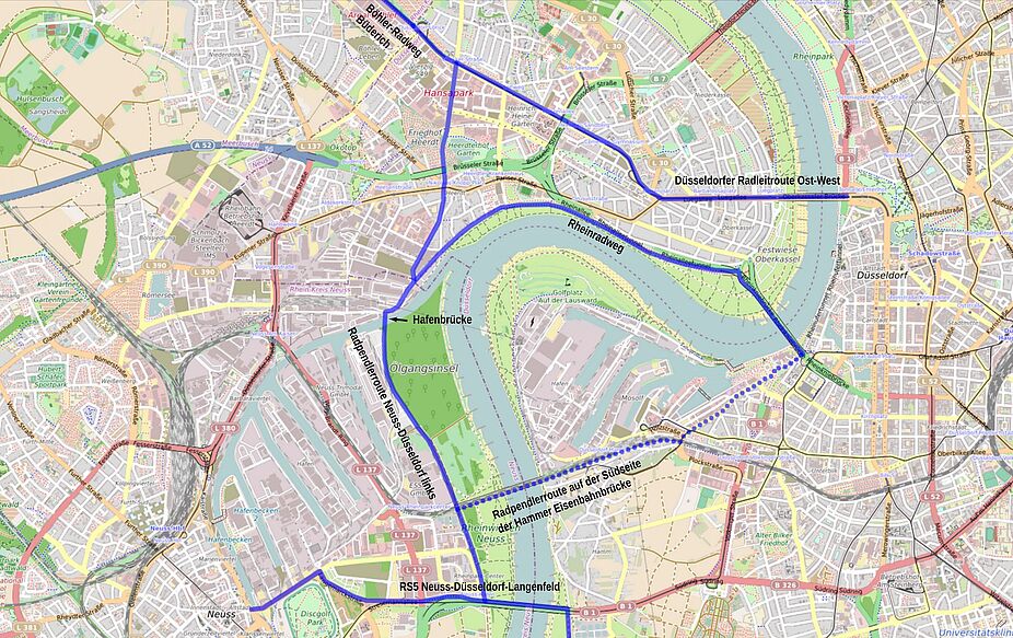 Radpendlerrouten am Rhein zwischen Neuss und Düsseldorf