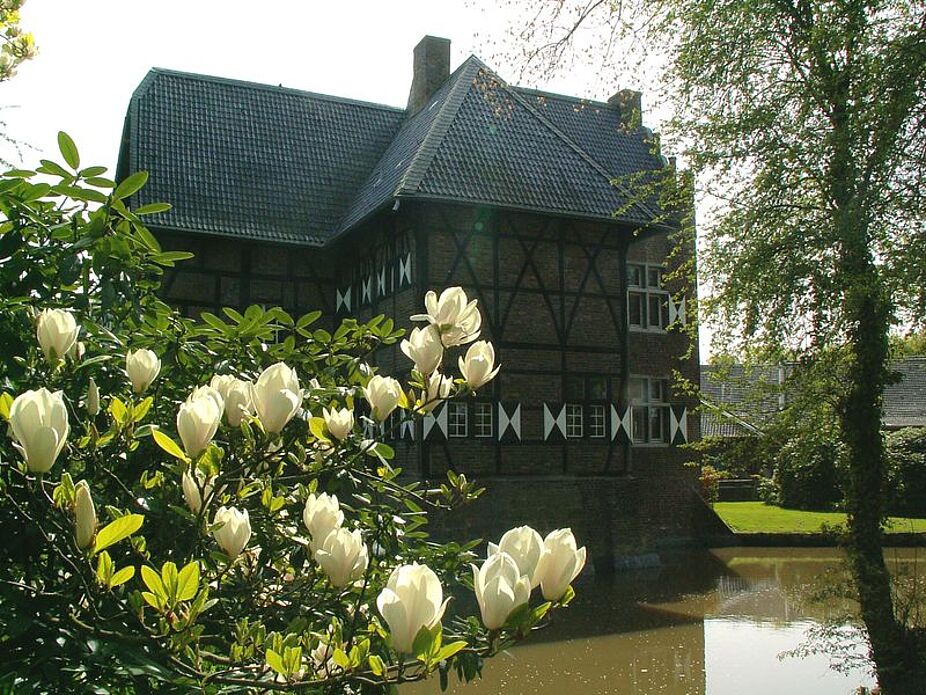 Idyll mit Magnolien und Wasserburg