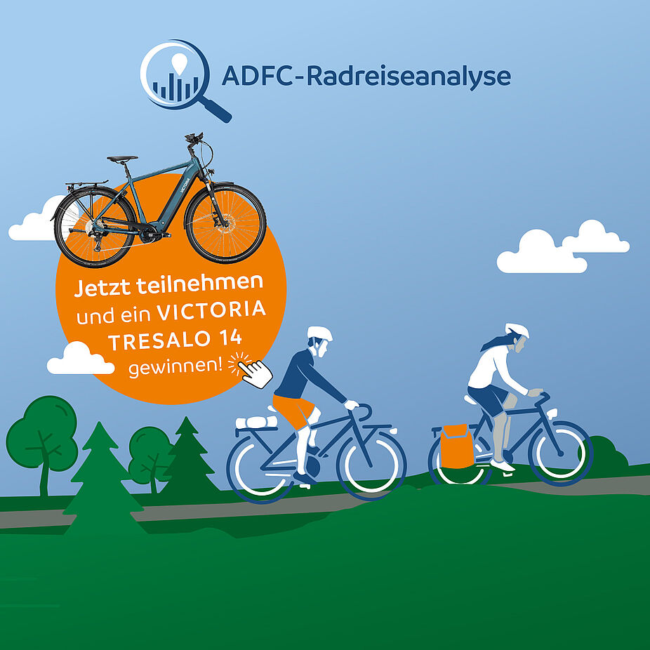 Keyvisual zur 25. ADFC-Radreiseanalyse mit Gewinnspielhinweis (quadratisch)