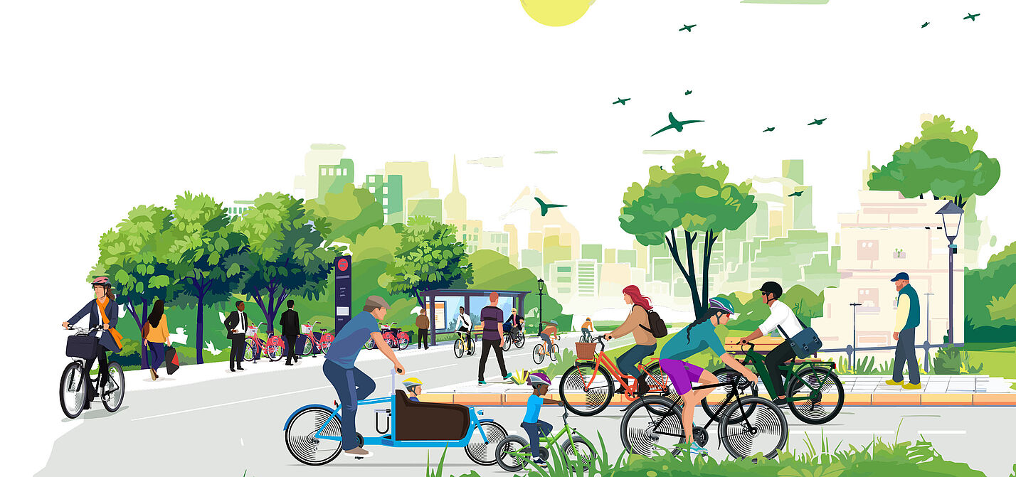 ADFC präsentiert Fraunhofer-Studie zum Potenzial des Radverkehrs für Klimaschutz und Lebensqualität Graphische Ansicht einer fahrradfreundlichen Straße mit viel Grün und vielen Menschen auf unterschiedlichen Rädern.